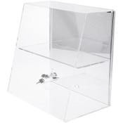 Plymor Clear Acrylic Locking Display Case with Slanted Front and Sliding Back, 1 Flat Shelf (Mirrored), 16" H x 16" W x 10" D