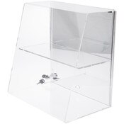 Plymor Clear Acrylic Locking Display Case with Slanted Front and Sliding Back, 1 Flat Shelf (Mirrored), 16" H x 16" W x 10" D