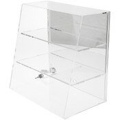 Plymor Clear Acrylic Locking Display Case with Slanted Front and Sliding Back, 2 Flat Shelves (Mirrored) 16" H x 16" W x 10" D