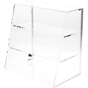 Plymor Clear Acrylic Locking Display Case with Slanted Front and Sliding Back, 2 Flat Shelves, 16" H x 16" W x 10" D