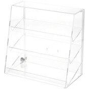 Plymor Clear Acrylic Locking Display Case with Slanted Front and Sliding Back, 3 Angled Shelves, 13.75" H x 14" W x 7.75" D