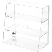 Plymor Clear Acrylic Locking Display Case with Slanted Front and Sliding Back, 2 Flat Shelves, 13.75" H x 14" W x 7.75" D