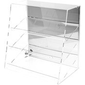 Plymor Clear Acrylic Locking Display Case with Slanted Front and Sliding Back, 3 Angled Shelves (Mirrored), 16" H x 16" W x 10"