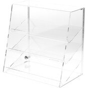 Plymor Clear Acrylic Locking Display Case with Slanted Front and Sliding Back, 3 Angled Shelves, 16" H x 16" W x 10" D