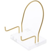 Plymor Clear Acrylic Base with Adjustable Brass Rods and Curved Back to Hold Rock, Fossil, and Mineral Specimen, 4.125" H x 3.125" W x 2.5" D (1.5" Arm Length)