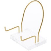 Plymor Clear Acrylic Base with Adjustable Brass Rods and Curved Back to Hold Rock, Fossil, and Mineral Specimen, 4.125" H x 3.125" W x 2.5" D (1.5" Arm Length)
