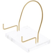 Plymor Clear Acrylic Base with Adjustable Brass Rods and Curved Back to Hold Rock, Fossil, and Mineral Specimen, 3.625" H x 4" W x 3" D (1.5" Arm Length)