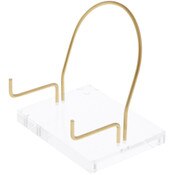 Plymor Clear Acrylic Base with Adjustable Brass Rods and Curved Back to Hold Rock, Fossil, and Mineral Specimen, 3.625" H x 4" W x 3" D (1.5" Arm Length)
