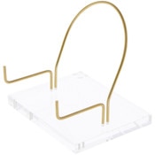 Plymor Clear Acrylic Base with Adjustable Brass Rods and Curved Back to Hold Rock, Fossil, and Mineral Specimen, 5" H x 5" W x 4" D (2.25" Arm Length)