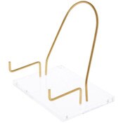 Plymor Clear Acrylic Base with Adjustable Brass Rods and Curved Back to Hold Rock, Fossil, and Mineral Specimen, 6.5" H x 7" W x 5" D (3.5" Arm Length)