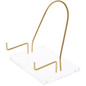 Plymor Clear Acrylic Base with Adjustable Brass Rods and Curved Back to Hold Rock, Fossil, and Mineral Specimen, 6.5" H x 7" W x 5" D (3.5" Arm Length)