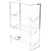 Plymor Clear Acrylic Locking Display Case with Sliding Back, 3 Angled Shelves, 15.75" H x 10.25" W x 5" D