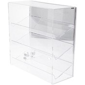 Plymor Clear Acrylic Locking Display Case with Sliding Back, 3 Angled Shelves (Mirrored), 16.25" H x 16.25" W x 7" D