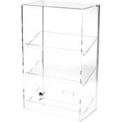 Plymor Clear Acrylic Locking Display Case with Sliding Back, 3 Angled Shelves, 21.75" H x 13.25" W x 7.5" D