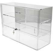Plymor Clear Acrylic Locking Display Case with Sliding Back, 2 Shelves (Mirrored), 18" H x 26" W x 10" D