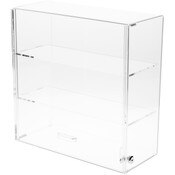 Plymor Clear Acrylic Locking Display Case with Sliding Back, 2 Shelves, 16.5" H x 16.25" W x 7" D