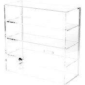 Plymor Clear Acrylic Locking Display Case with Sliding Back, 3 Shelves, 16.5" H x 16.25" W x 7" D